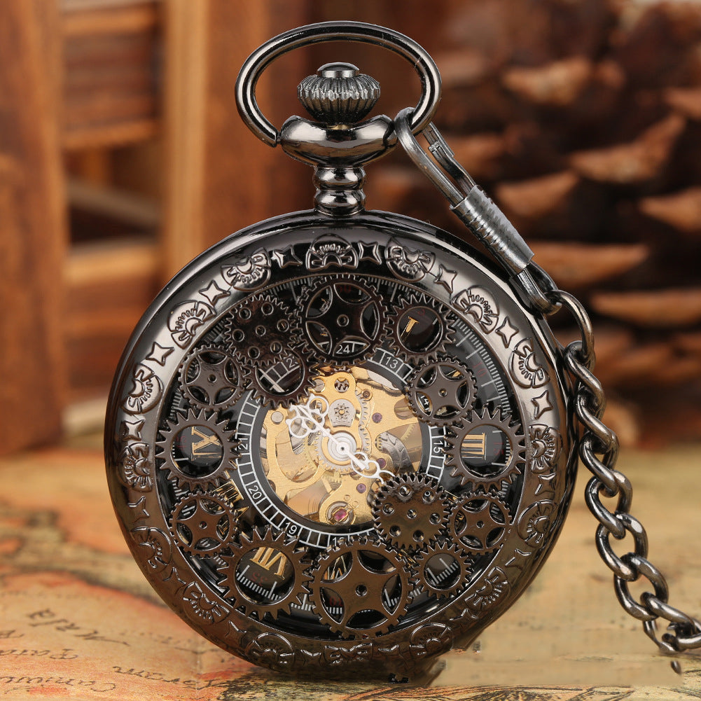 Hot Retro Flip Hollow Necklace Pocket Watch Red Copper Hollow Gear Roman Face