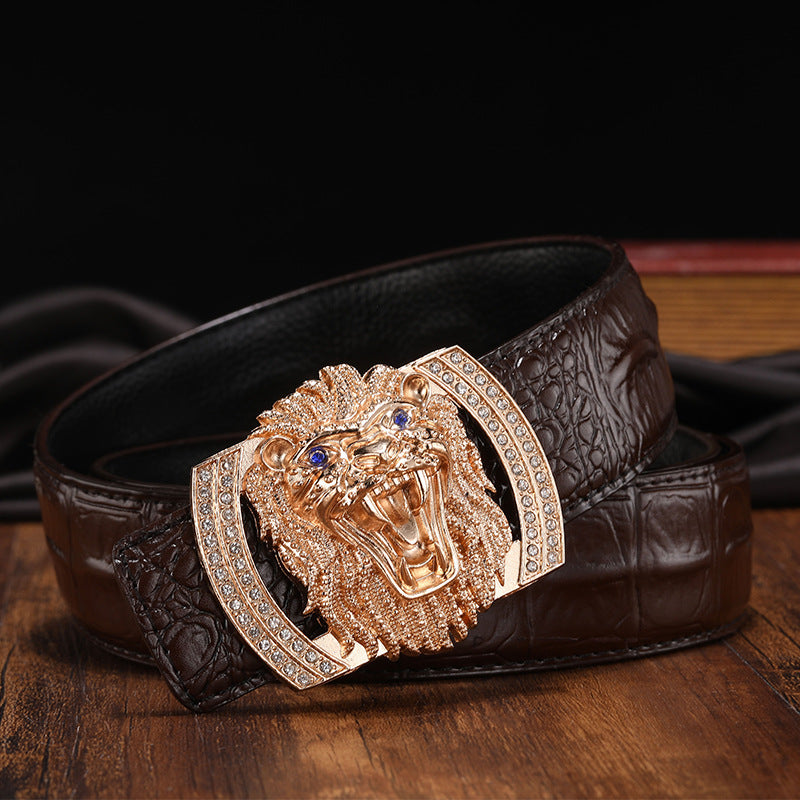 Lion Men's Smooth Buckle Belt Cowhide Men's Leather Belt