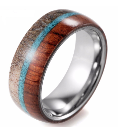 Rustic Tungsten Ring with Wood and Antler Inlays