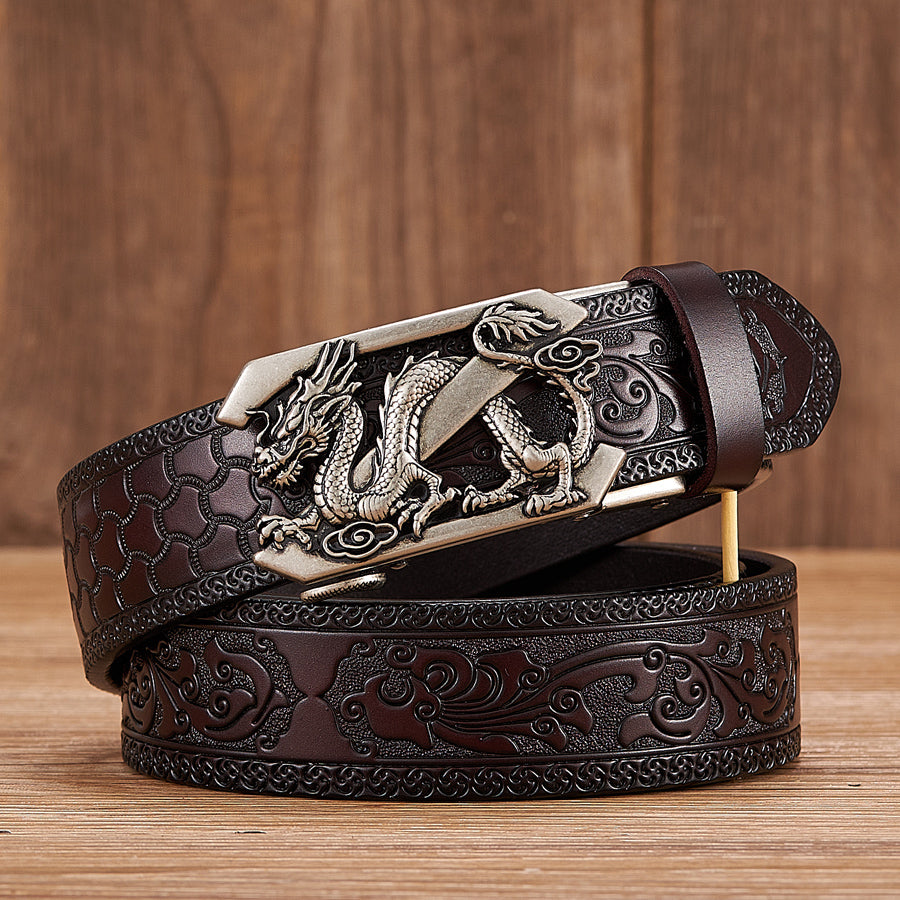 Men's Dragon Automatic Buckle Two-Layer Cow Leather Embossed Belt