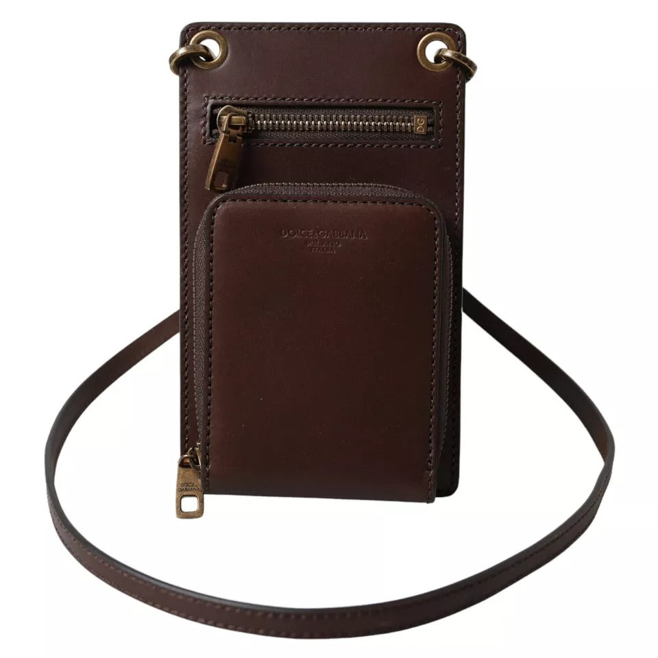 Dolce & Gabbana Brown Calf Leather Zip Logo Shoulder Neck Strap Wallet