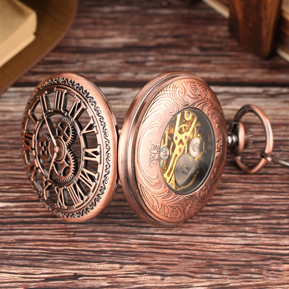 Hot Retro Flip Hollow Necklace Pocket Watch Red Copper Hollow Gear Roman Face