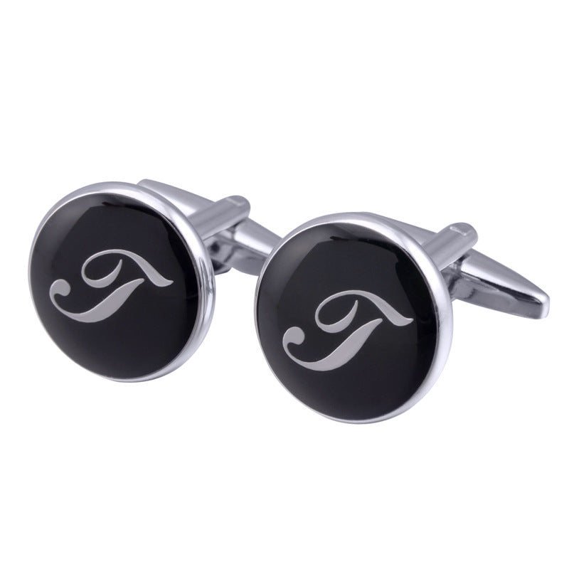 French Cufflinks Black Round Enamel Traditional Letter Cufflinks