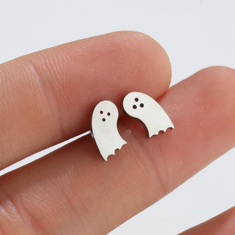 Funny Silver Ghost Stud Earrings