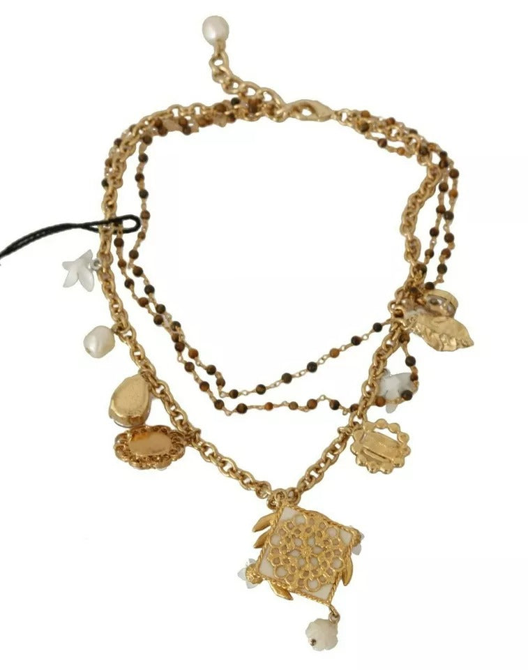 Dolce & Gabbana Gold Brass Crystal Floral Statement Charms Necklace