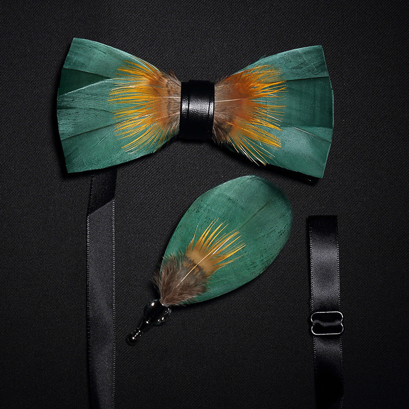 Fashion Feather Bow Tie Groomsman Brooch Collar Flower Pin