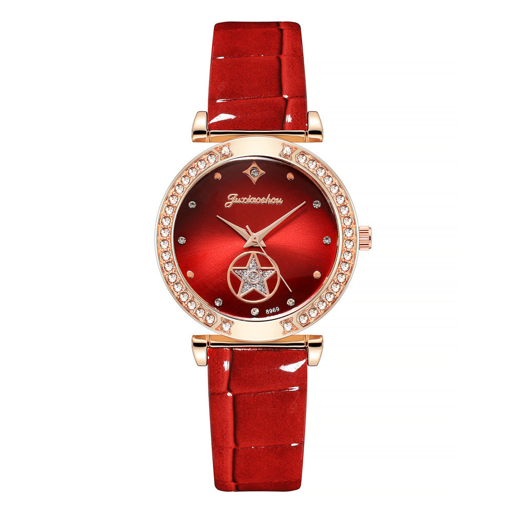 Simple Glossy Rhinestone Ladies Leather Strap Quartz Watch