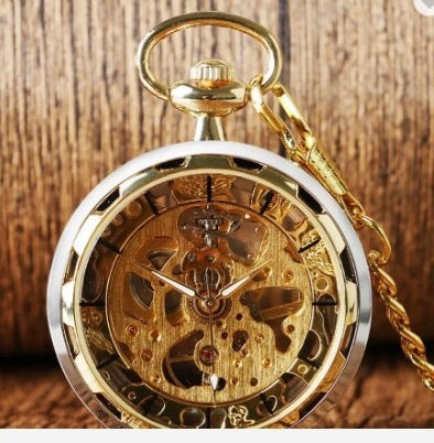 Bronze Transparent Bottom Glossy Semi-Automatic Mechanical Pocket Watch