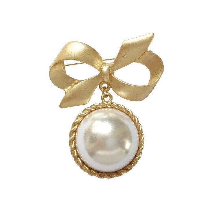 Matt Gold Bow Big Pearl Brooch Europe And America