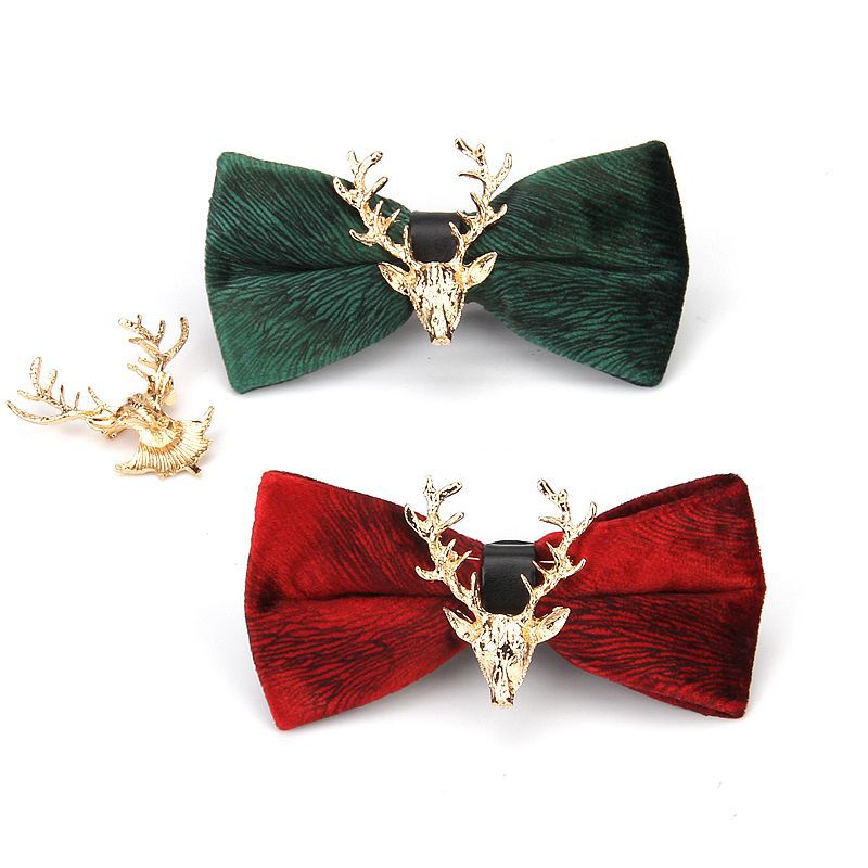 Gold Velvet Christmas Elk Head Wedding Bow Tie