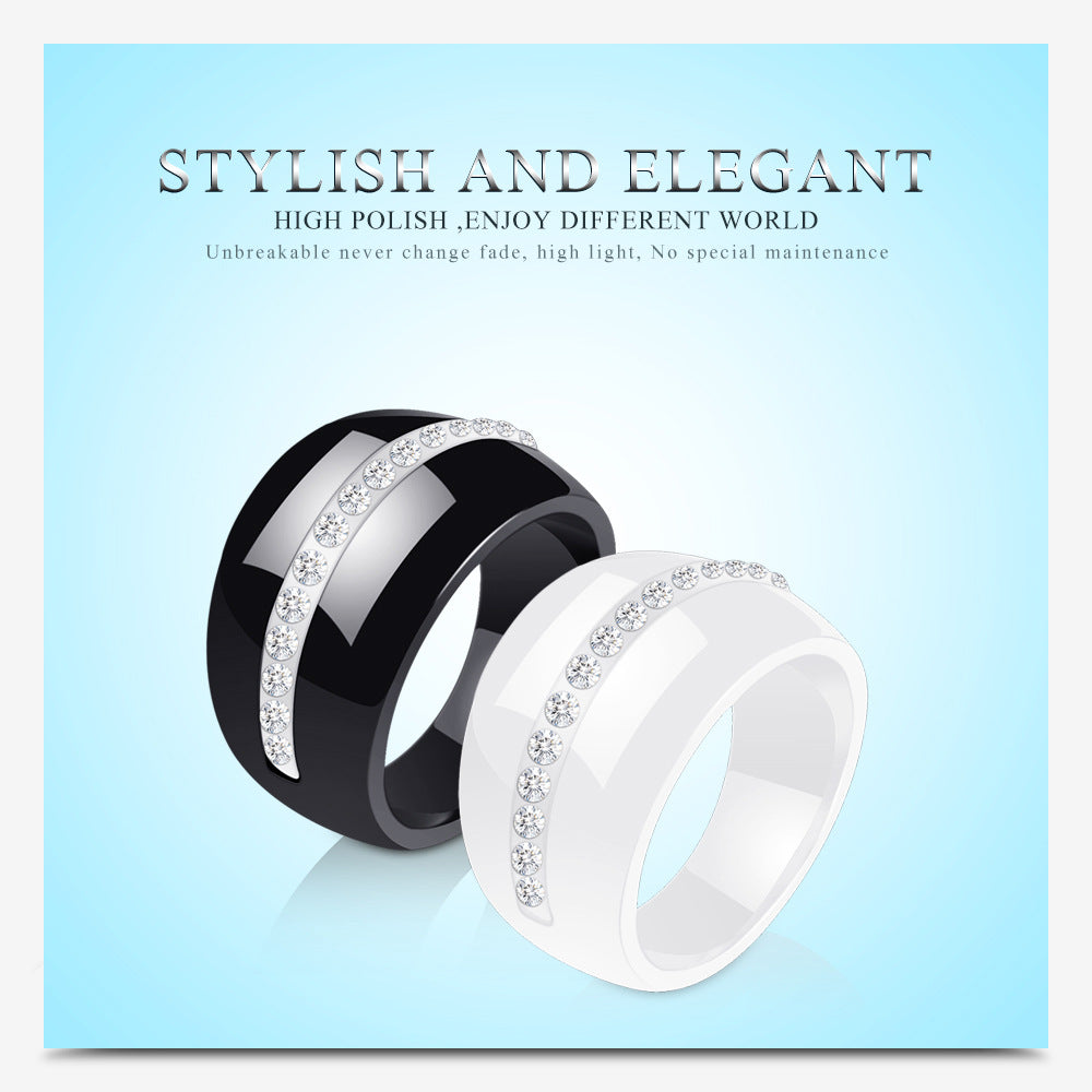 Single Row Diamond-Embedded Elegant Ceramic Ring