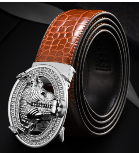 Automatic Buckle  Leather With Diamond-Studded  Pattern Bull Head Belt