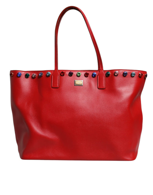 Dolce & Gabbana Red Leather Crystal DG Logo FEFE Shoulder Tote Bag