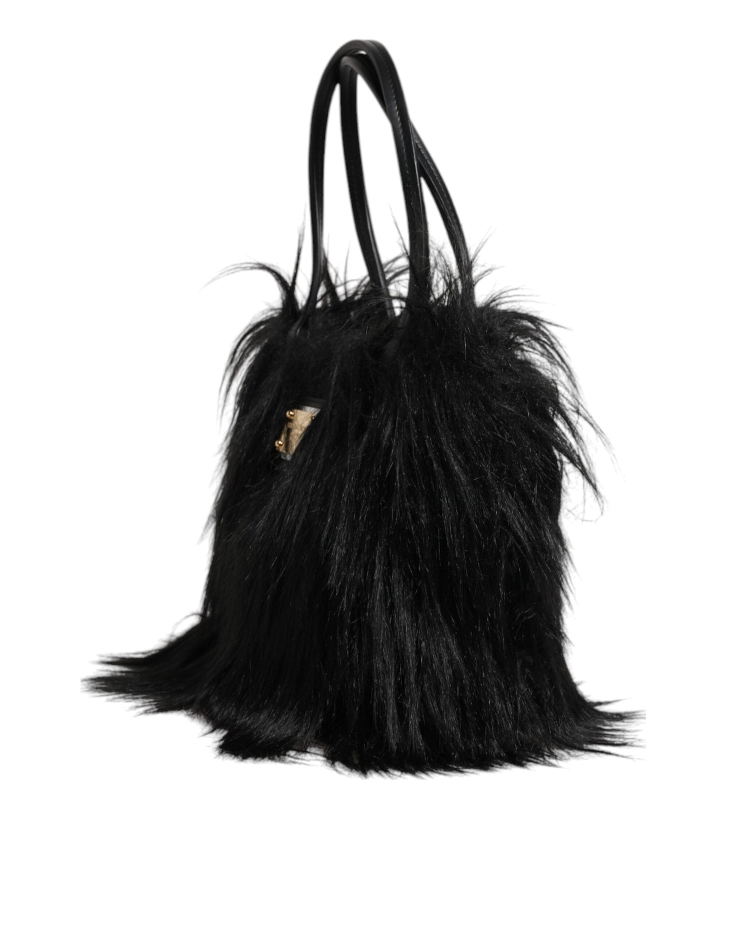 Dolce & Gabbana Black Fur Logo Plaque Double Handle Shoulder Bag