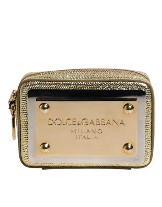 Dolce & Gabbana Gold Leather DG Logo Plaque Zip Around Clutch Bag