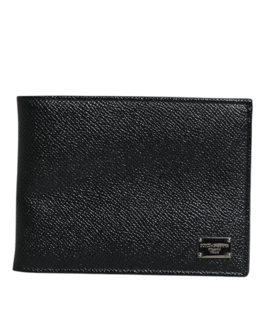 Dolce & Gabbana Black Leather Bifold Card Holder Men Logo Plaque Wallet