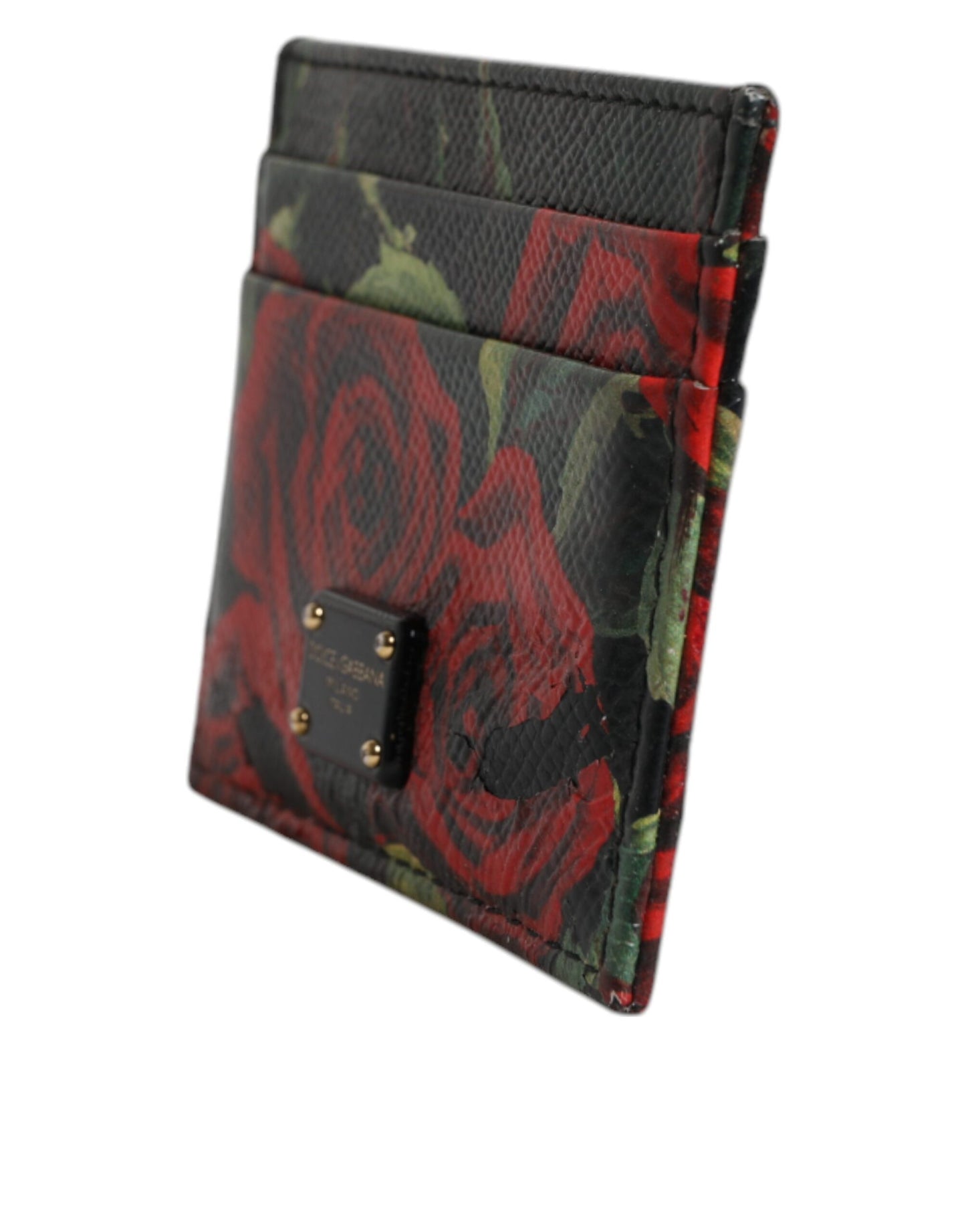 Dolce & Gabbana Black Floral Leather Card Holder DG Logo Plaque Wallet