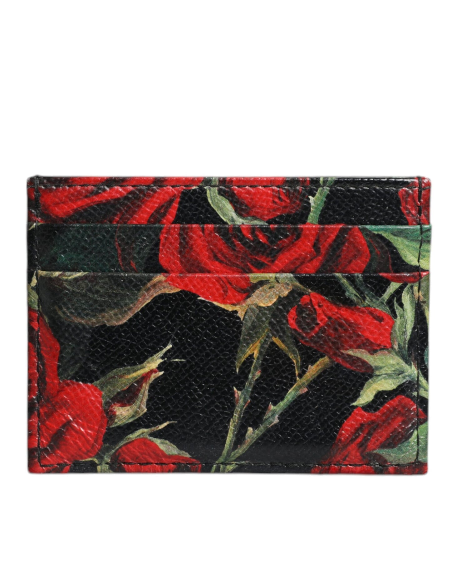 Dolce & Gabbana Black Floral Leather Card Holder DG Logo Plaque Wallet