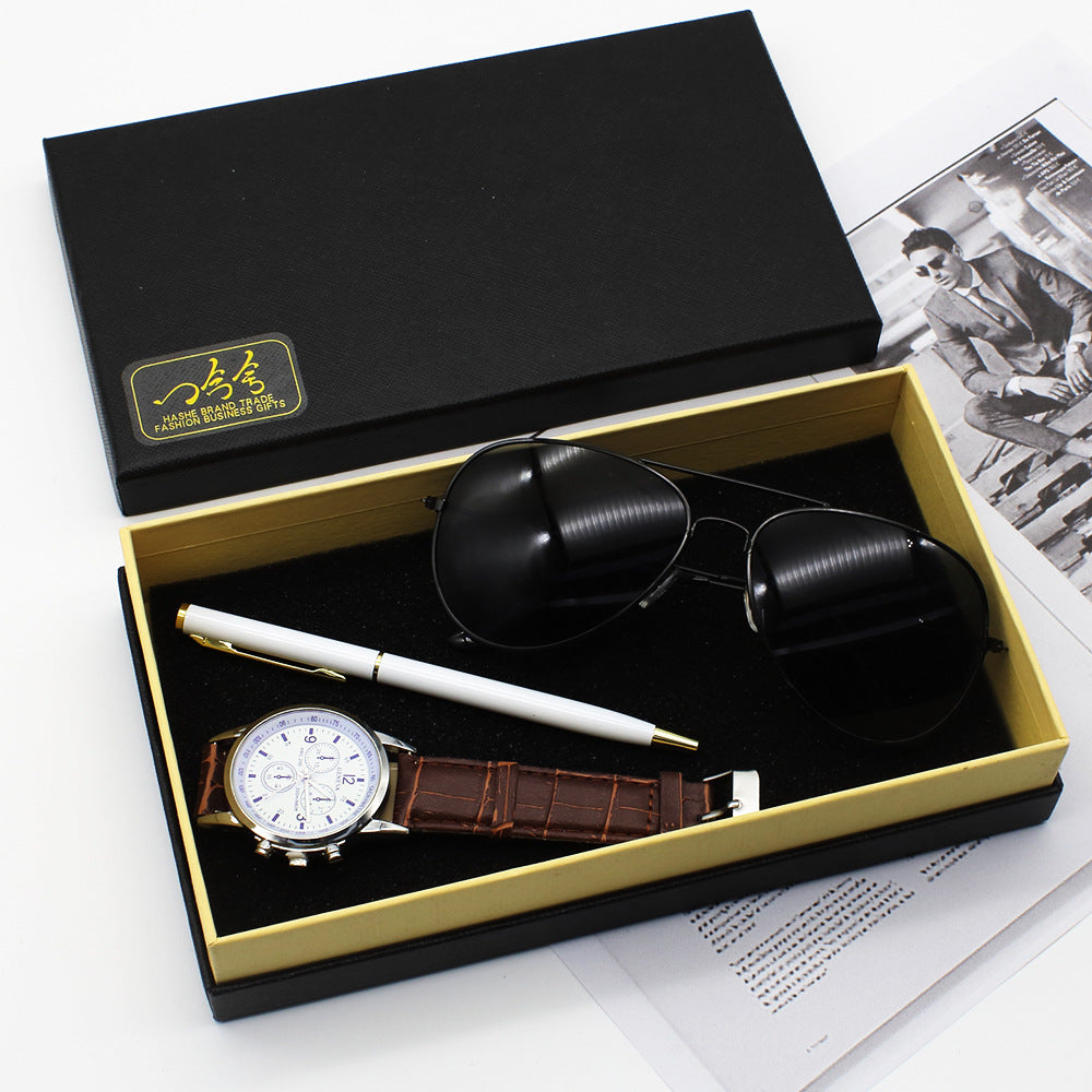 Elegant Men’s Accessory Set With Watch, Pen, And Sunglasses