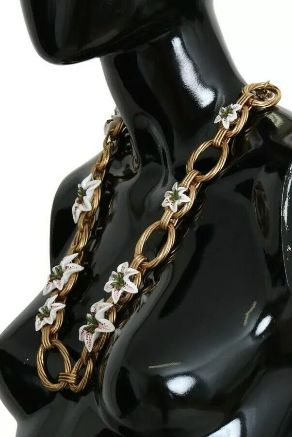 Dolce & Gabbana Gold Brass Oversize Chain LILY Flowers Necklace