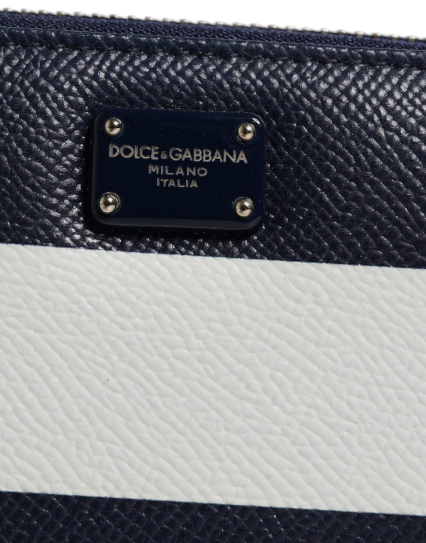 Dolce & Gabbana White Blue Striped Leather Zip Around Continental Wallet