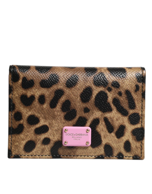 Dolce & Gabbana Brown Pink Leopard Leather DG Logo Bifold Card Slot Wallet