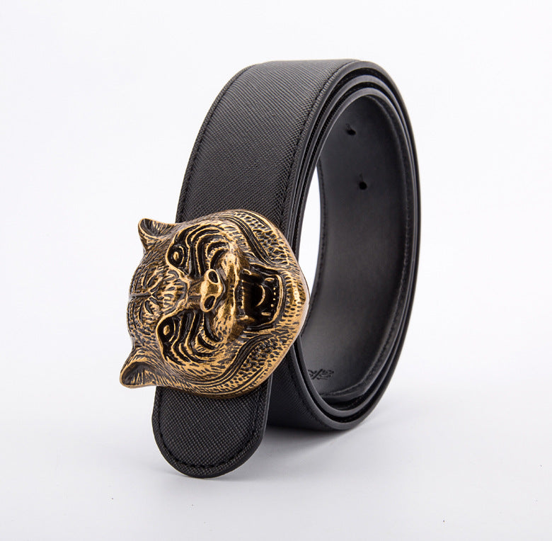 Tiger Head Buckle Leather Belt - Unisex, Durable, And Stylish