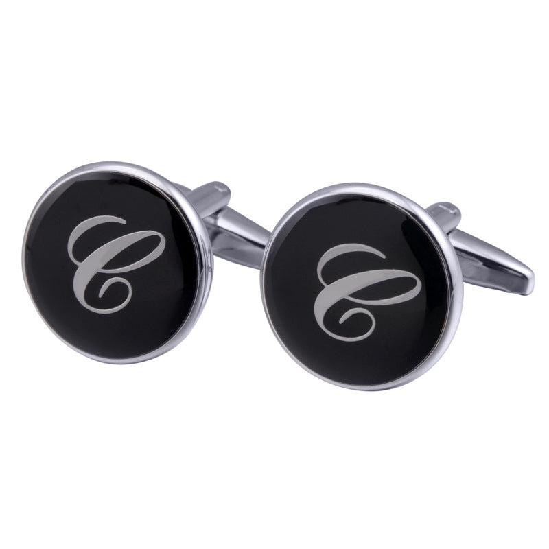 French Cufflinks Black Round Enamel Traditional Letter Cufflinks