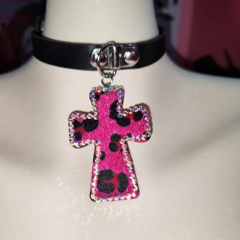 Handmade Ethnic Style Hot Girl Leopard Diamond Cross Necklace Collar