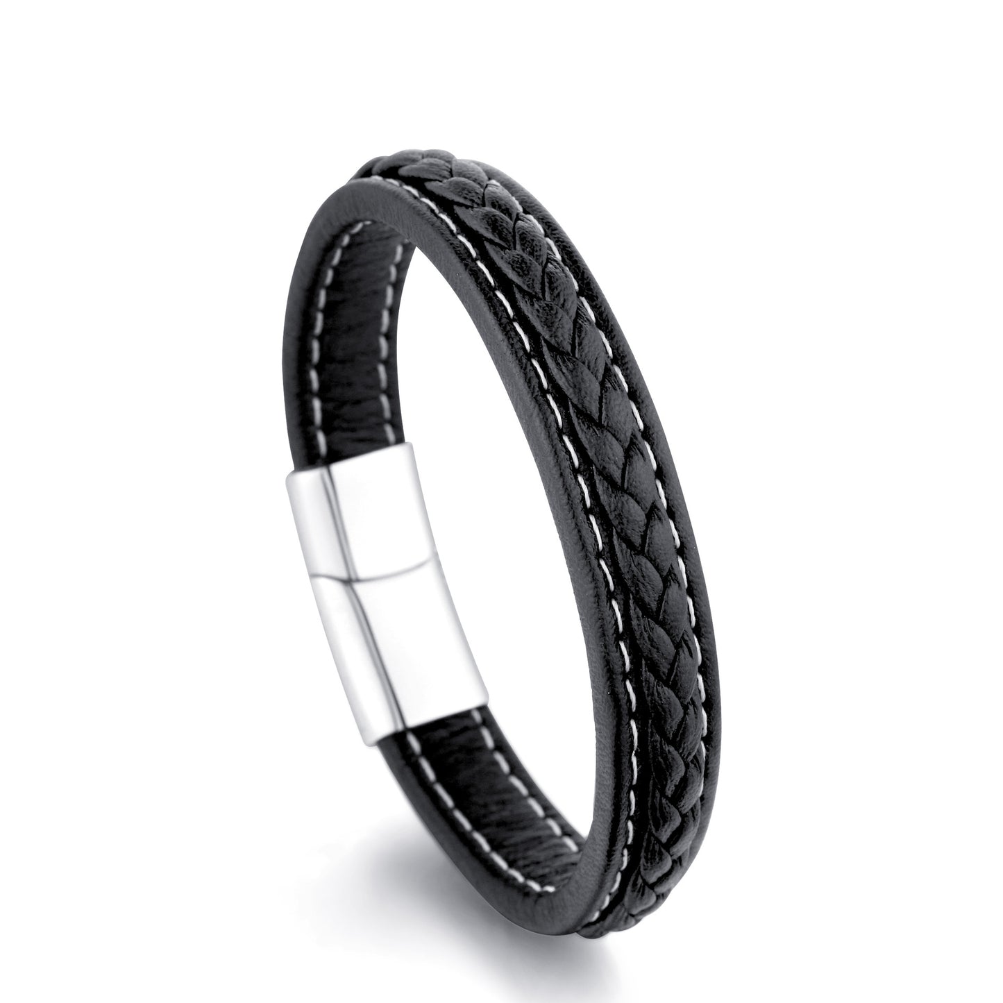 Cross Woven Design Leather Bracelet Stainless Steel Magnetic Buckle Bracelet