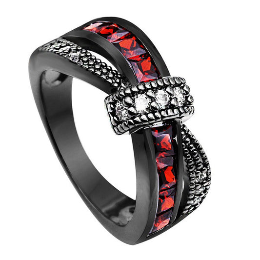 Hot Black Gold Garnet Red Cross Zircon Ring