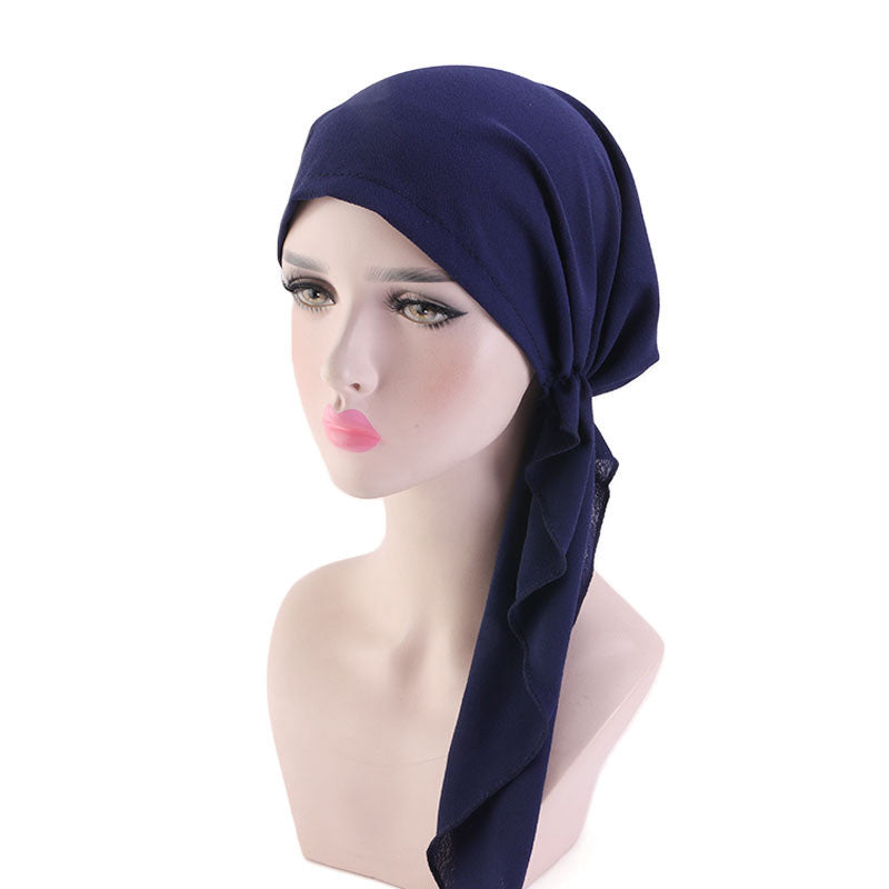 Pleated Cotton Scarf Long Tail Hat