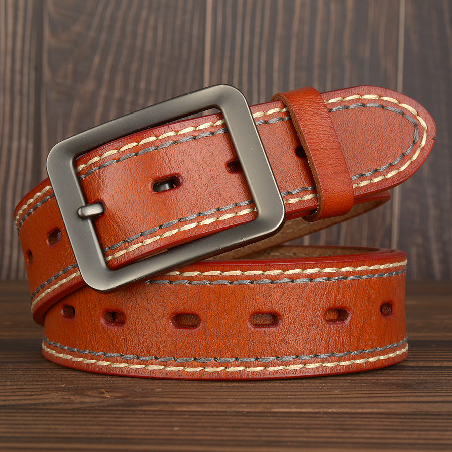 Two-Line Real Cowhide Men's Belt With Japanese Buckle