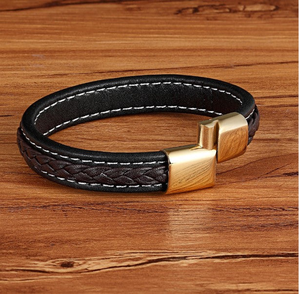 Cross Woven Design Leather Bracelet Stainless Steel Magnetic Buckle Bracelet