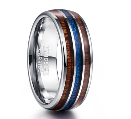 Hawaiian Koa Wood and Blue Vermiculite Tungsten Ring - A Stunning Piece of Art