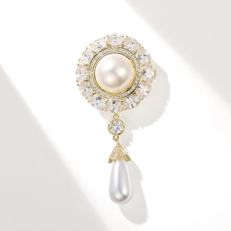 High-End Palace Style Zircon Brooch Round Water Drop Shell Pearls Temperament Clothing Accessories Pin