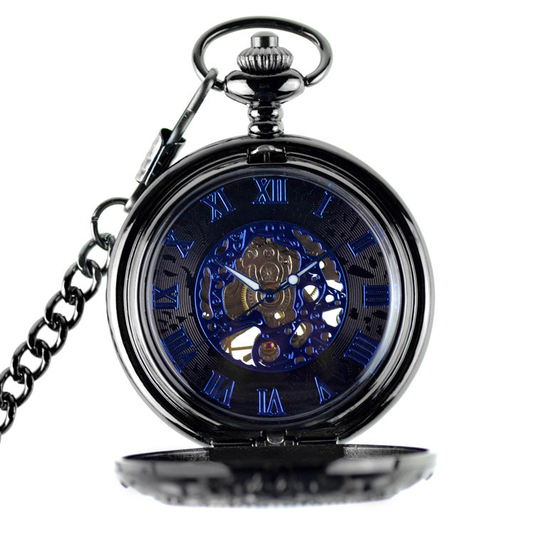 Retro Flip Hot Roman Blue Surface Mechanical Pocket Watch