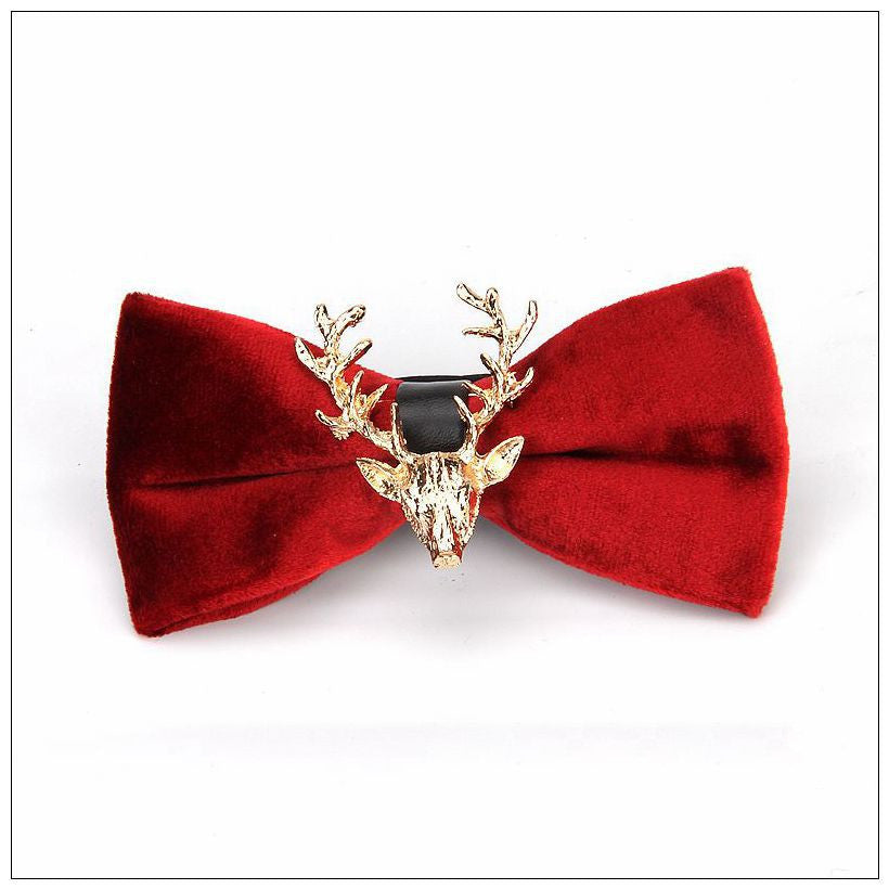 Gold Velvet Christmas Elk Head Wedding Bow Tie