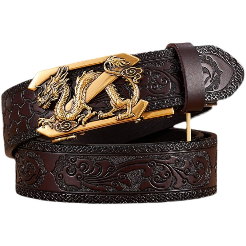 Men's Dragon Automatic Buckle Two-Layer Cow Leather Embossed Belt