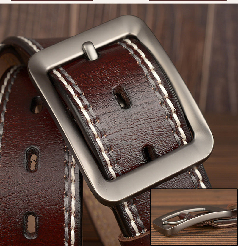 Two-Line Real Cowhide Men's Belt With Japanese Buckle