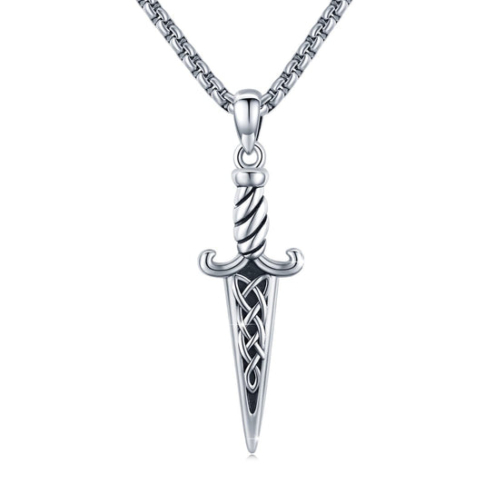 Silver Celtic-Style Double-Edged Dagger Retro Pendant Necklace Irish Jewelry Gift