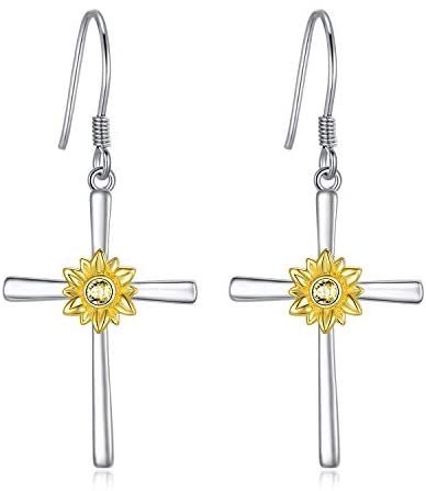 Sunflower Earrings Sterling Silver Cross Dangle Drop Hooks Earrings Sunflower Flower Jewelry Gifts For Women Teens Birthday