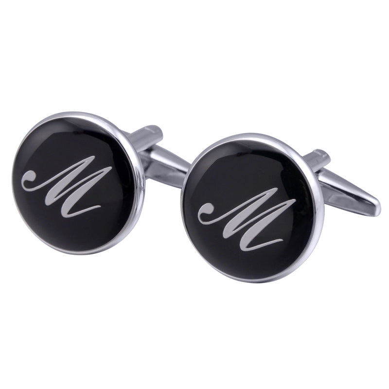 French Cufflinks Black Round Enamel Traditional Letter Cufflinks