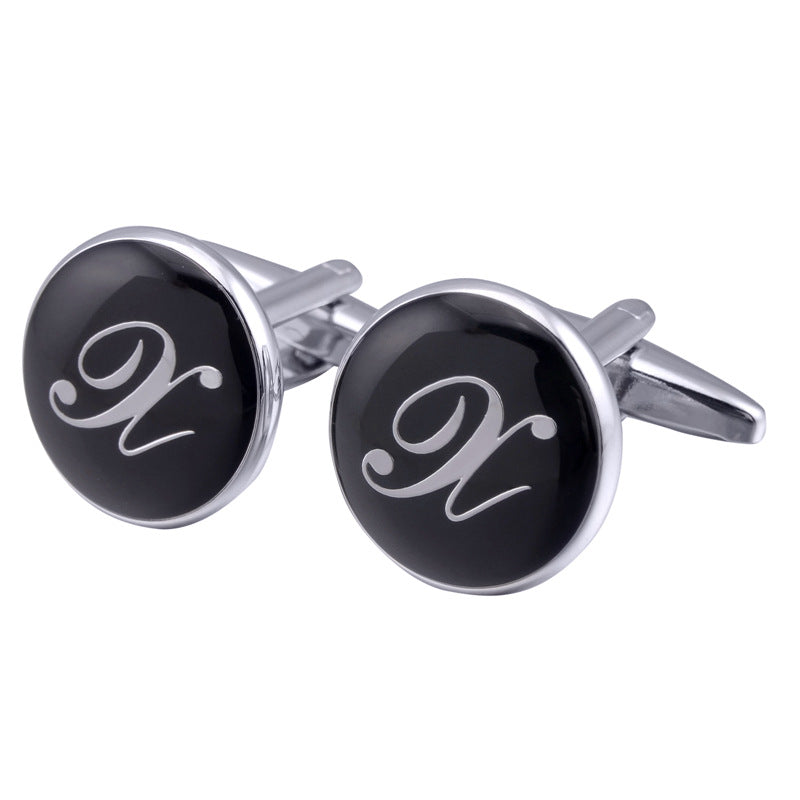 French Cufflinks Black Round Enamel Traditional Letter Cufflinks