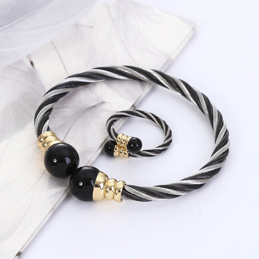 Stainless Steel Classic Style Two-Tone Classic Handmade Braided Bracelets Ring Two-Piece Set