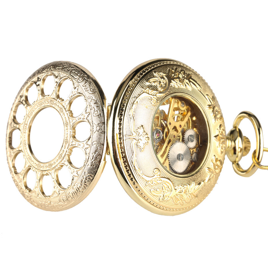 Fashionable Golden Roman Characters Hollow-Out Petals Retro Mechanical Pocket Watch