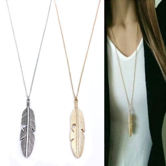 Simple Feather Necklace Leaves Long Sweater Chain Clothing