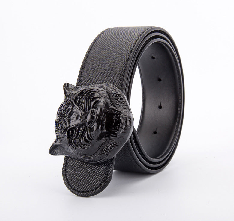 Tiger Head Buckle Leather Belt - Unisex, Durable, And Stylish