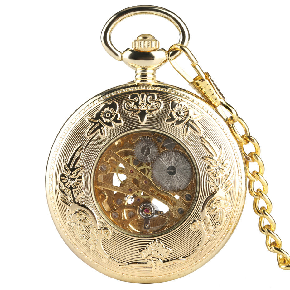 Fashionable Golden Roman Characters Hollow-Out Petals Retro Mechanical Pocket Watch