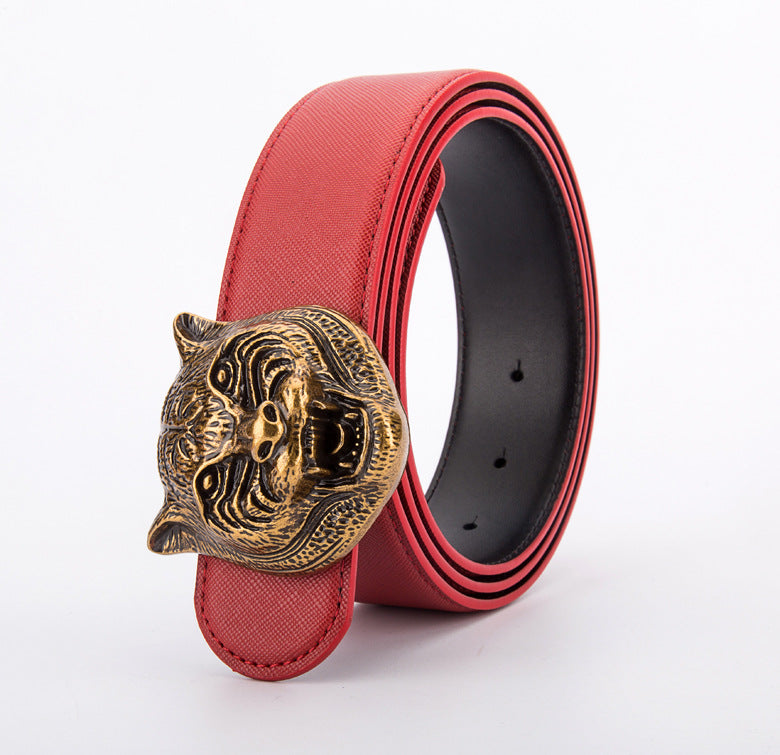 Tiger Head Buckle Leather Belt - Unisex, Durable, And Stylish